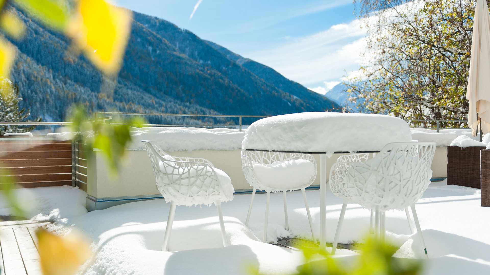 Hotel in Ultental Valley with sunny terrace and mountain view.